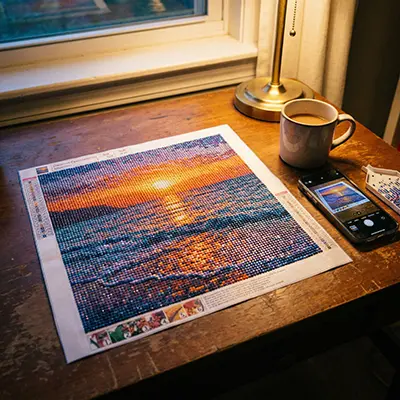 Diamond painting van een zonsondergang