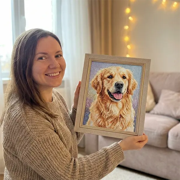 Een vrouw houdt een afgerond diamond painting vast in een gezellige woonkamer