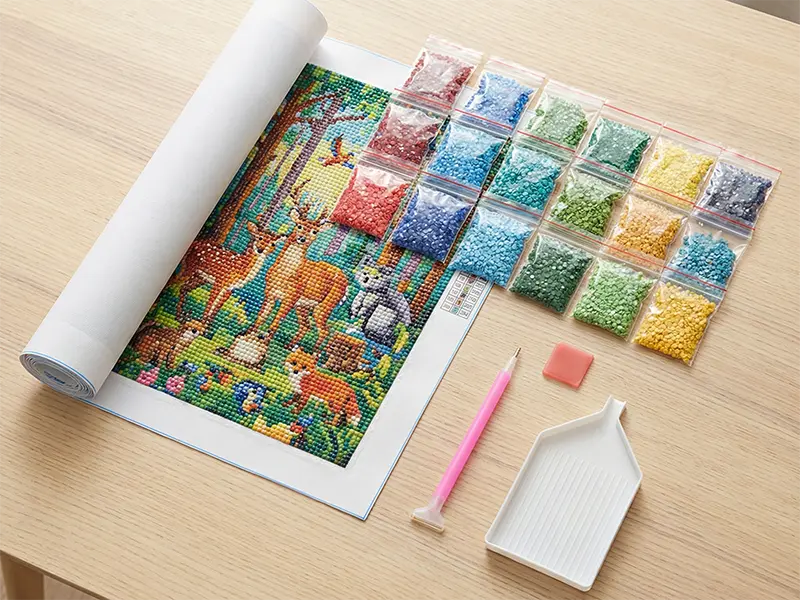 Inhoud van een diamond painting pakket: canvas, diamonds, pen, wax en sorteerbakje